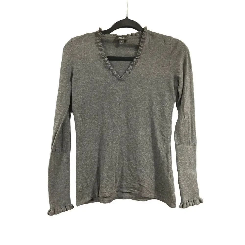 Carlisle Collection Silk and Cashmere Ruffle Sweater Size Small Charcoal Grey Gr